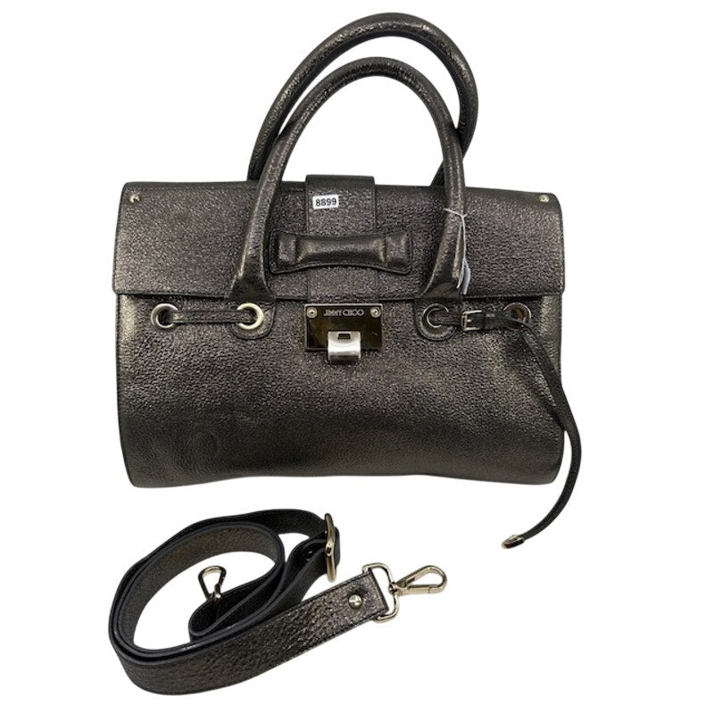 Jimmy Choo Grainy Leather Gunmetal Metallic Rosalie Satchel Bag Dark Brown