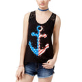 Self Esteem Patriotic American Anchor Logo Tank Top Lace Back Black Women XS