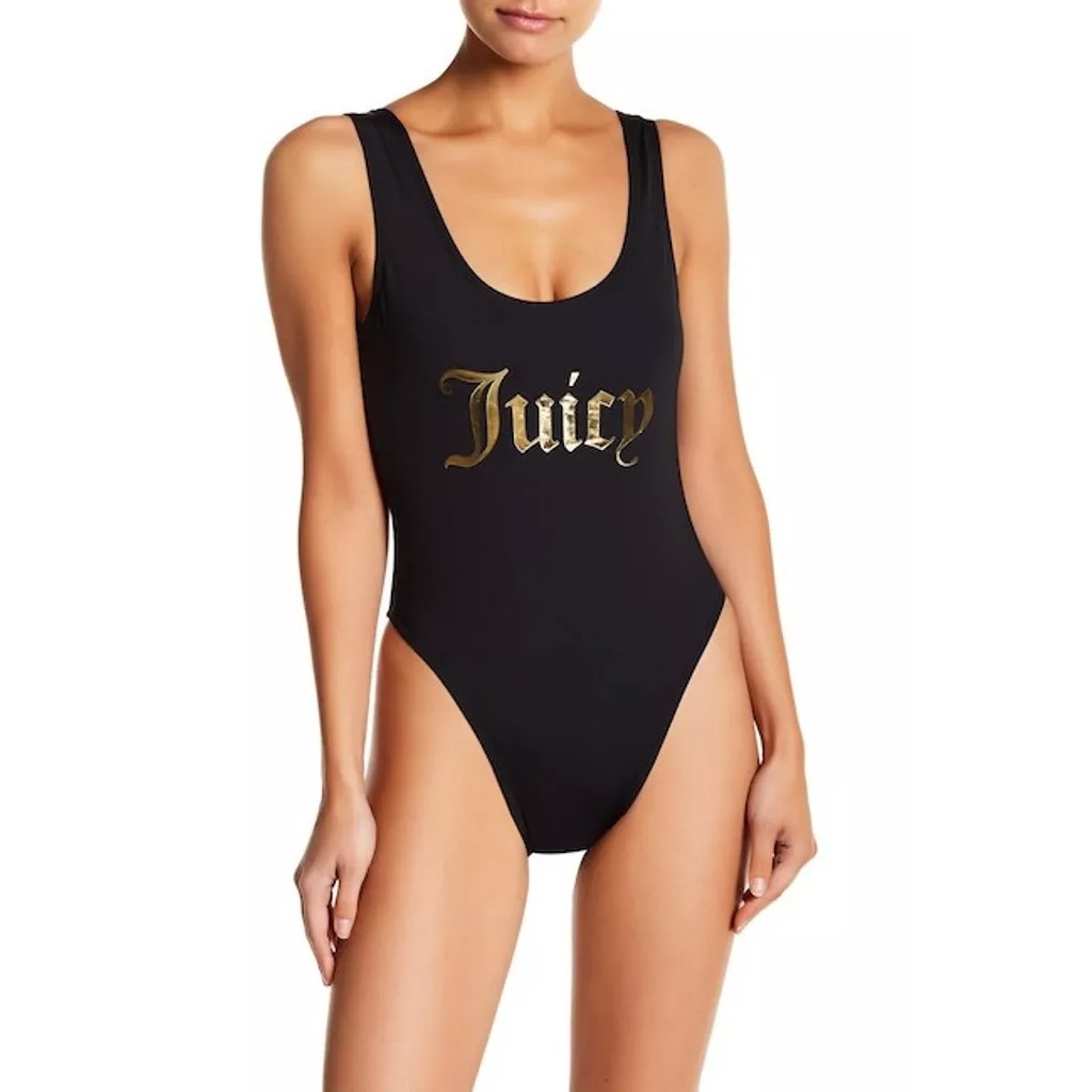 Juicy Couture One Piece Swimsuit Foil Verbiage Logo Scoop Neck Black Women M