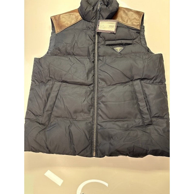 Prada Piumino Down Puffer Vest Zip-Up Gabardine Nylon Blue/Gold Mens Size 56