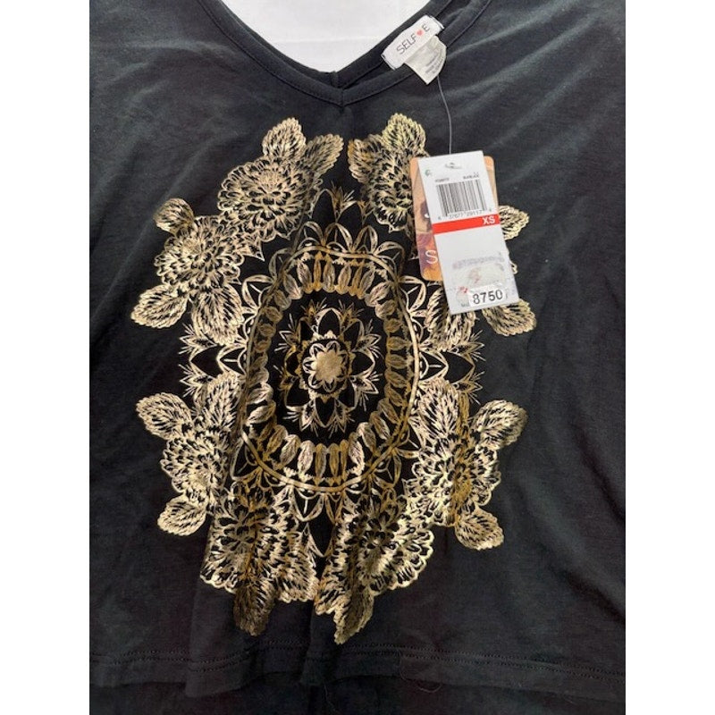 Self Esteem Cold Shoulder Top Gold Mandala Graphic V-Neck Black Womens Sz XS