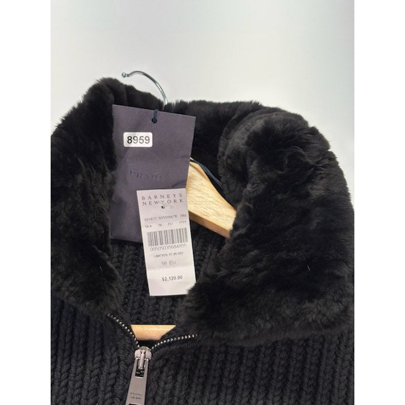 Prada Faux-Fur Collar Cardigan Knit Sweater Full-Zip Black Mens Size 56 EU
