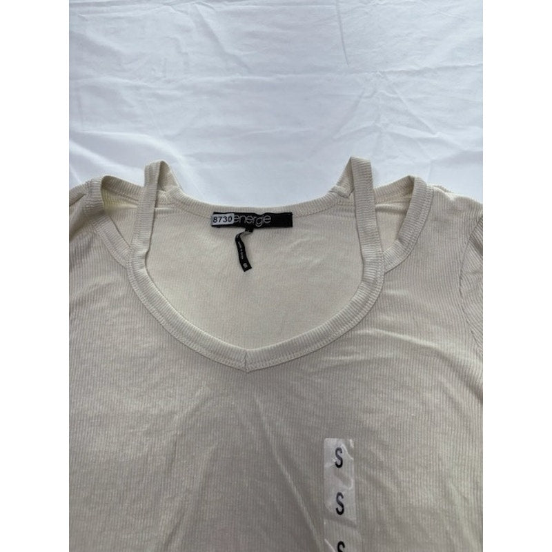 Energie Ribbed Long Sleeve Top Cutout Neck Hi-Low Hem Cream Womens Size S
