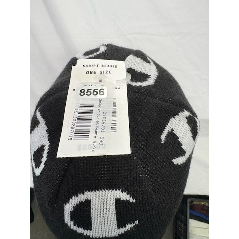 Champion Script Beanie Big C Logo OSFM Acrylic Knit Cap Black White OSFM