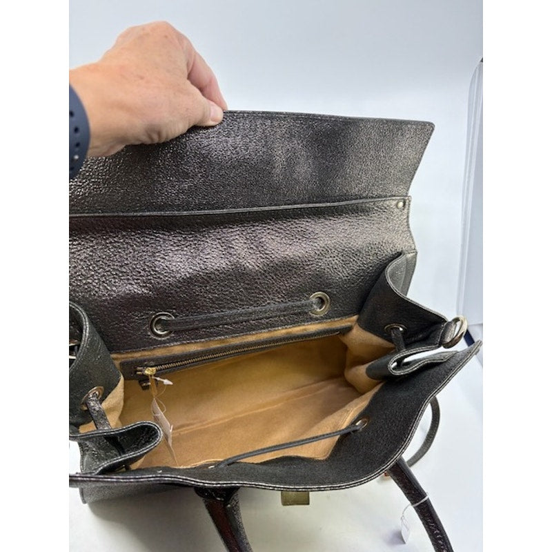 Jimmy Choo Grainy Leather Gunmetal Metallic Rosalie Satchel Bag Dark Brown