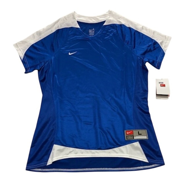 Nike FitDry Soccer Jersey Shirt Short Sleeve V-Neck Blue/White Womens Size L