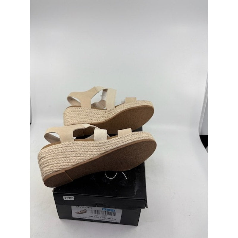 mysoft Platform Espadrille Wedge Sandals Elastic Strap Beige PU Womens 6.5