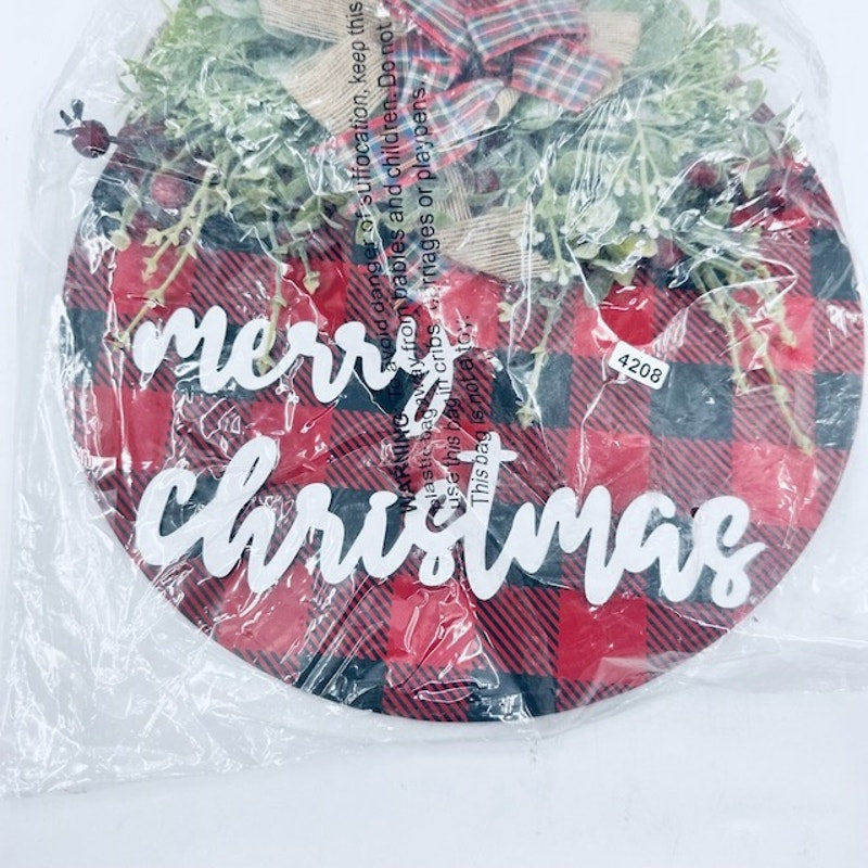 Merry Christmas Round Plaid Hanging Wooden Sign Home Door Holiday Decor