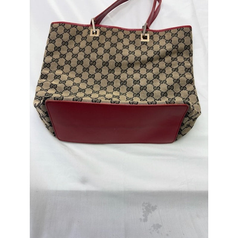 GUCCI GG Canvas Leather Open Top Vintage Tote Bag Gold-Tone Hardware Brown/Red