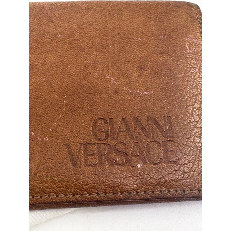 Gianni Versace Leather Card Holder Wallet Slim Bifold Embossed Logo Brown Unisex