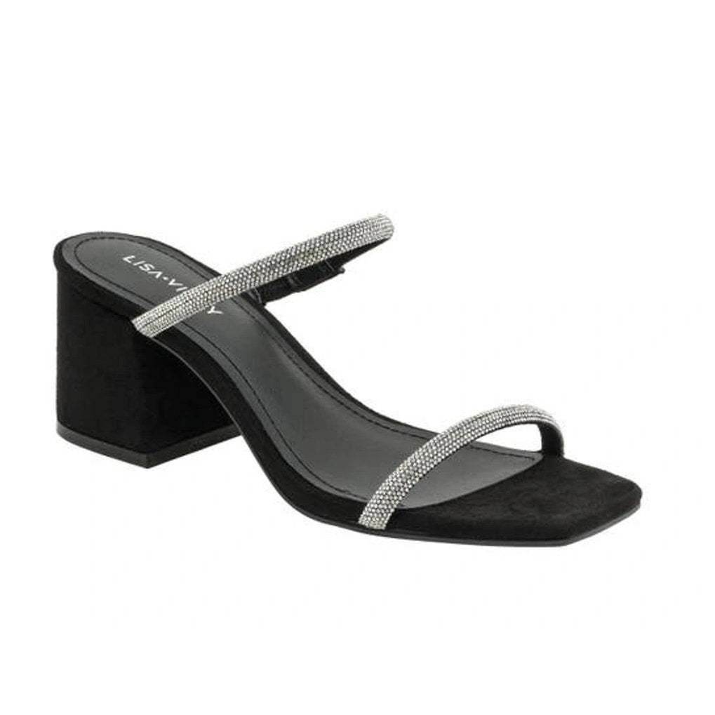 Lisa Vicky Mood Pavé Block Heel Slide Sandals Crystal Strap Black Womens 8.5