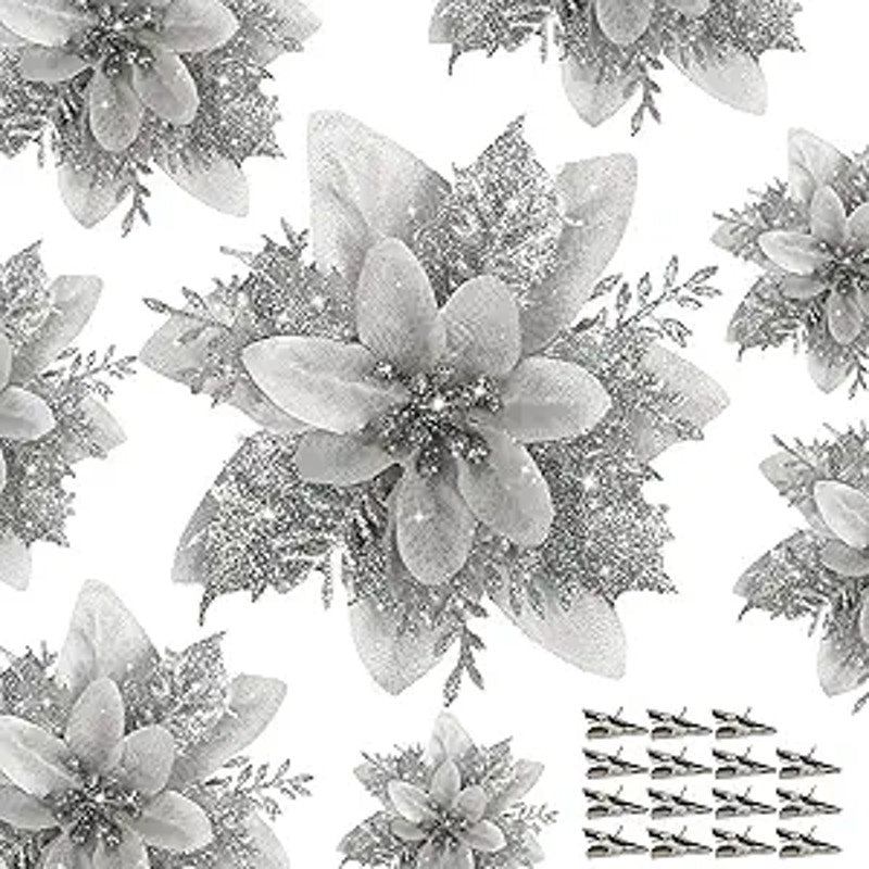14 Pcs Christmas Glitter Holiday Ornaments Flower Decorations Decor Silver