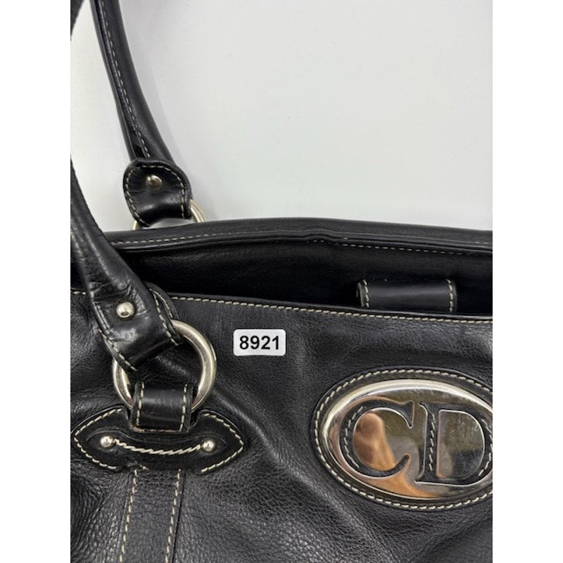 Christian Dior Leather Silver Hardware Handbag Snap Closure Black Womens Medium