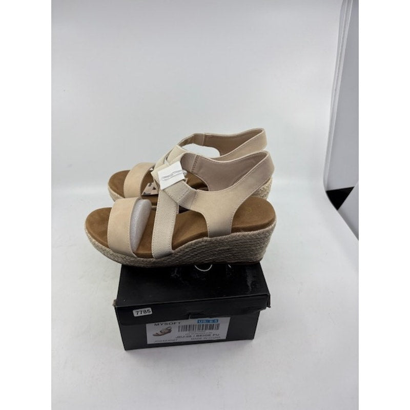 mysoft Platform Espadrille Wedge Sandals Elastic Strap Beige PU Womens 6.5