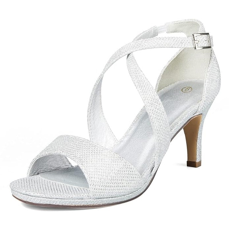 Mysoft Heels Sparkly Strappy Wedding Shoes Open Toe Pump Heel Silver Size 8