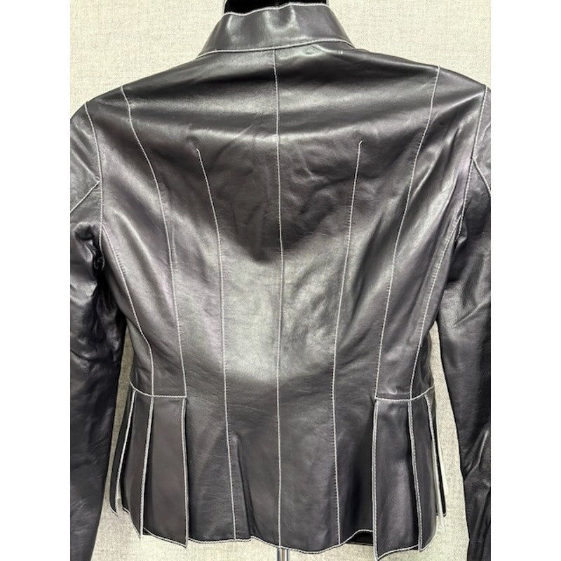 Carlisle Pleated Leather Jacket Zipper-Up High Neck Black Womens Size 8