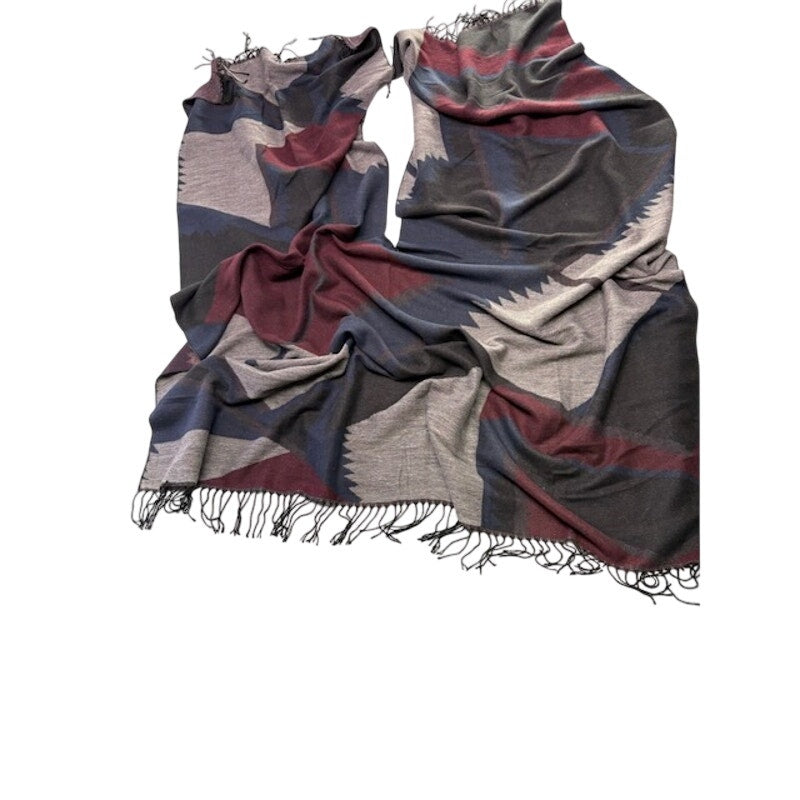 Lucky Brand Aztec Tribal Fringe Oversized Scarf Shawl Wrap Red Gray Blue OS