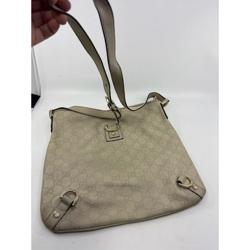 Gucci GG Monogram Canvas Guccissima Shoulder Bag Crossbody Leather Trim Beige