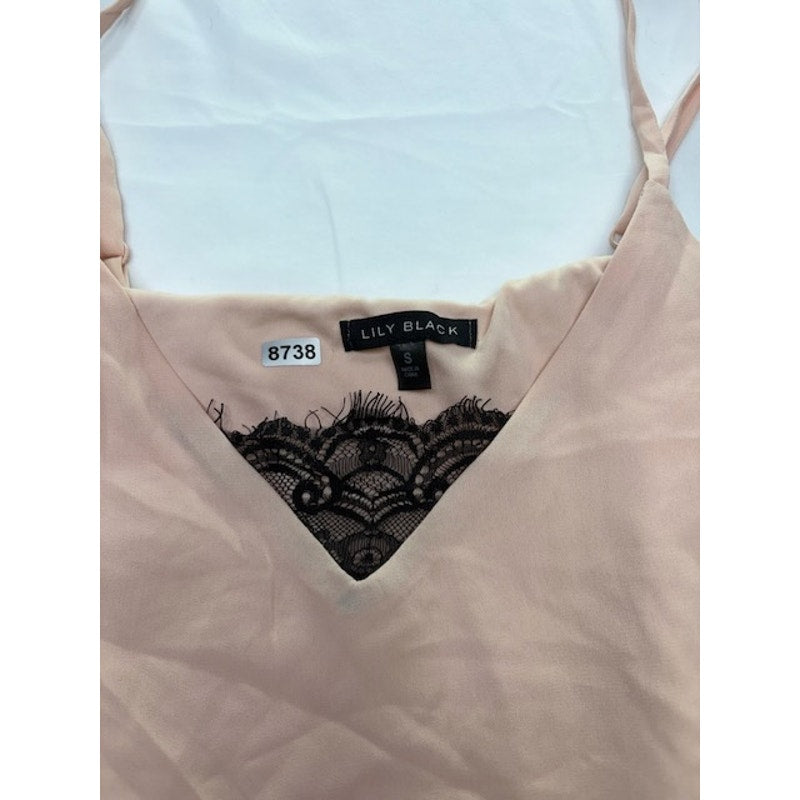 Lily Black Lace Trim Cami Tank Top V-Neck Classic Fit Pullover Pink Womens Sz S