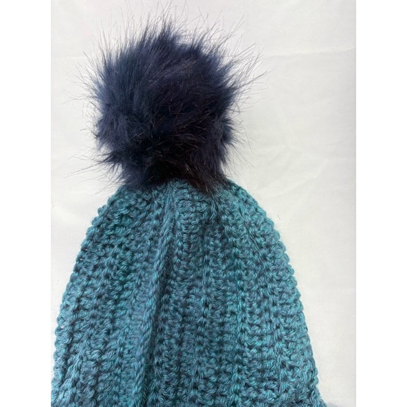 Knit Beanie Hat Faux Fur Pom Pom Chunky Winter Cap Women Teal One Size