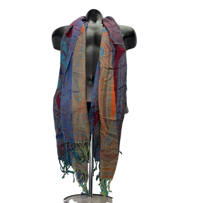 Boho Paisley Fringe Scarf Wrap Lightweight Festival Blue Orange Teal Once Size