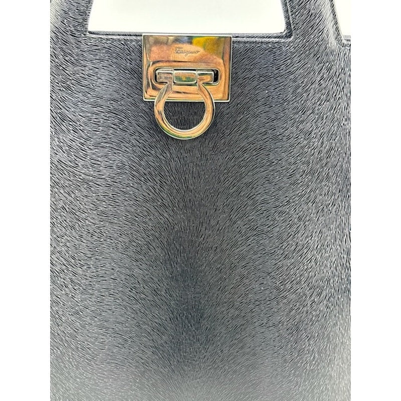 Salvatore Ferragamo Vintage Leather Hand Bag Gancini Clasp Structured Bag Black