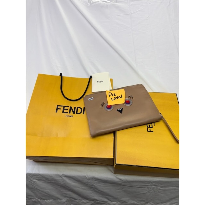 Fendi Studded Monster Eyes Zip Pouch Leather Clutch Bag Silver-Tone Beige Womens