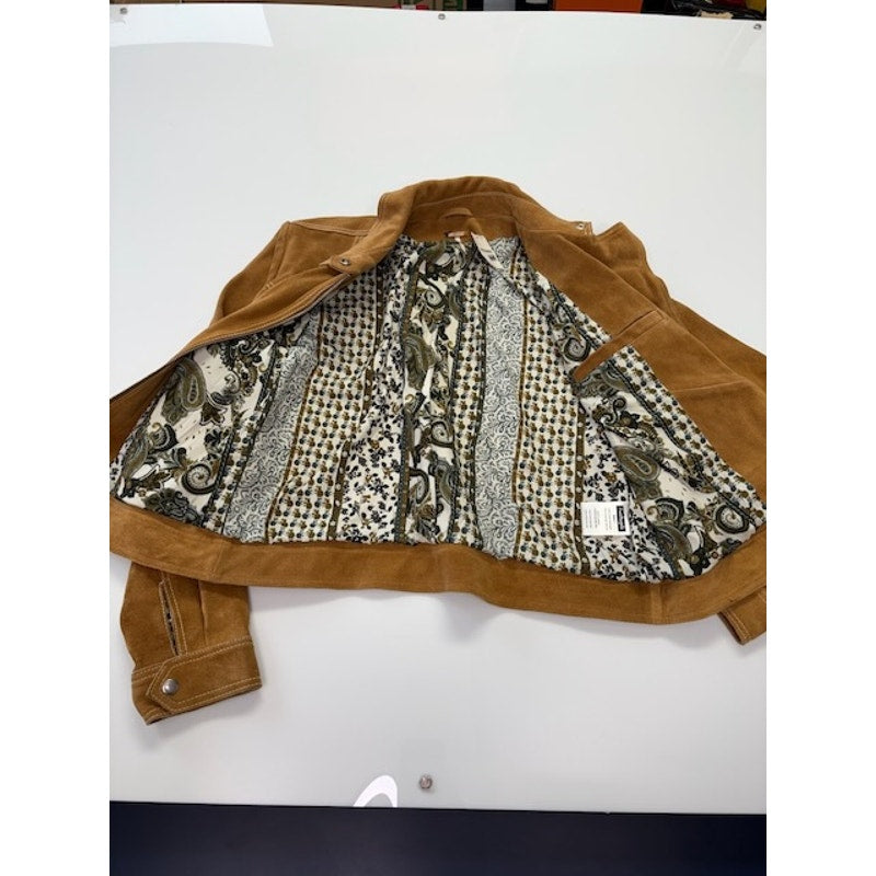 Free People Suede Leather Moto Jacket Front Zipper Pockets Brown Womens Size L