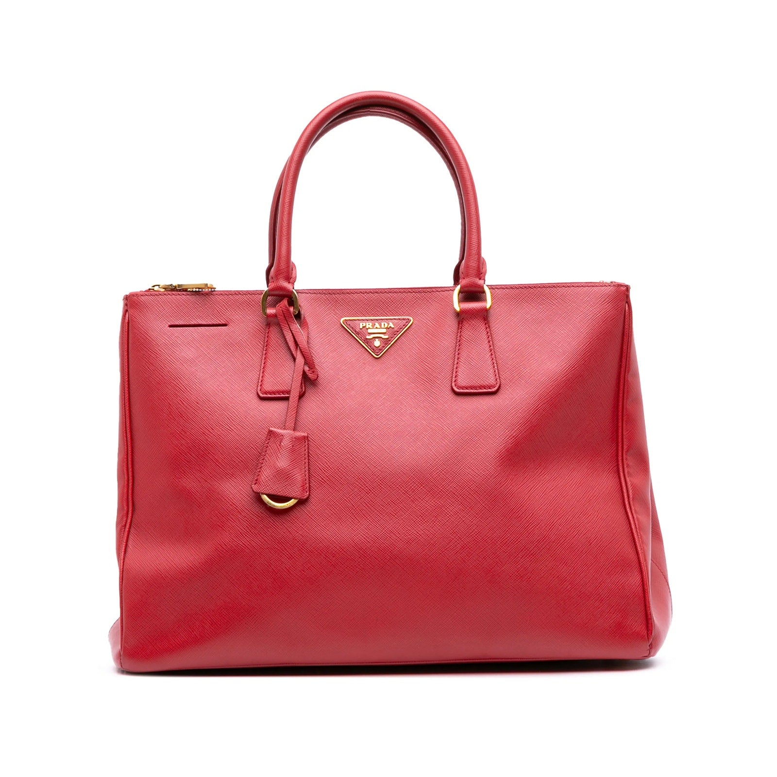 Prada Saffiano Lux Galleria Double Zip Tote Gold Tone Top Handle Burgundy