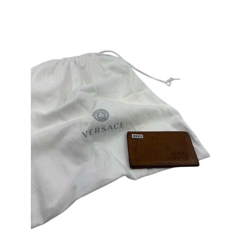Gianni Versace Leather Card Holder Wallet Slim Bifold Embossed Logo Brown Unisex