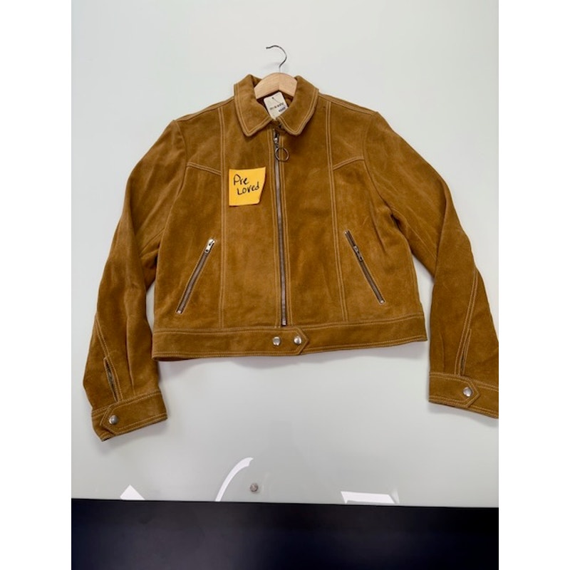 Free People Suede Leather Moto Jacket Front Zipper Pockets Brown Womens Size L