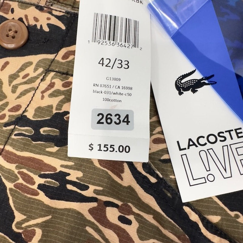 Lacoste Live Cargo Shorts Twill Cotton Loose Fit Camo Black Khaki Mens 42/33