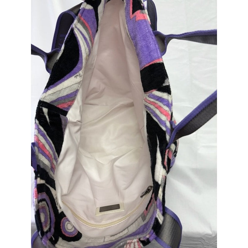 Emilio Pucci Tote Bag Abstract Print Velour Open Top Shoulder Bag Purple Pink