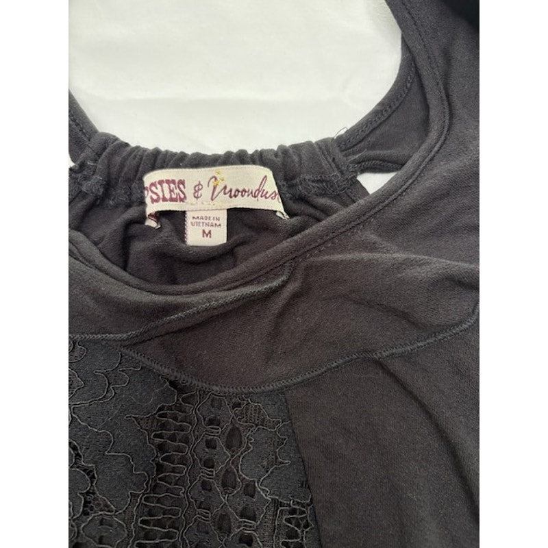 Gypsies & Moondust Floral Lace-Front Ruffle Top Sleeveless Black Womens M