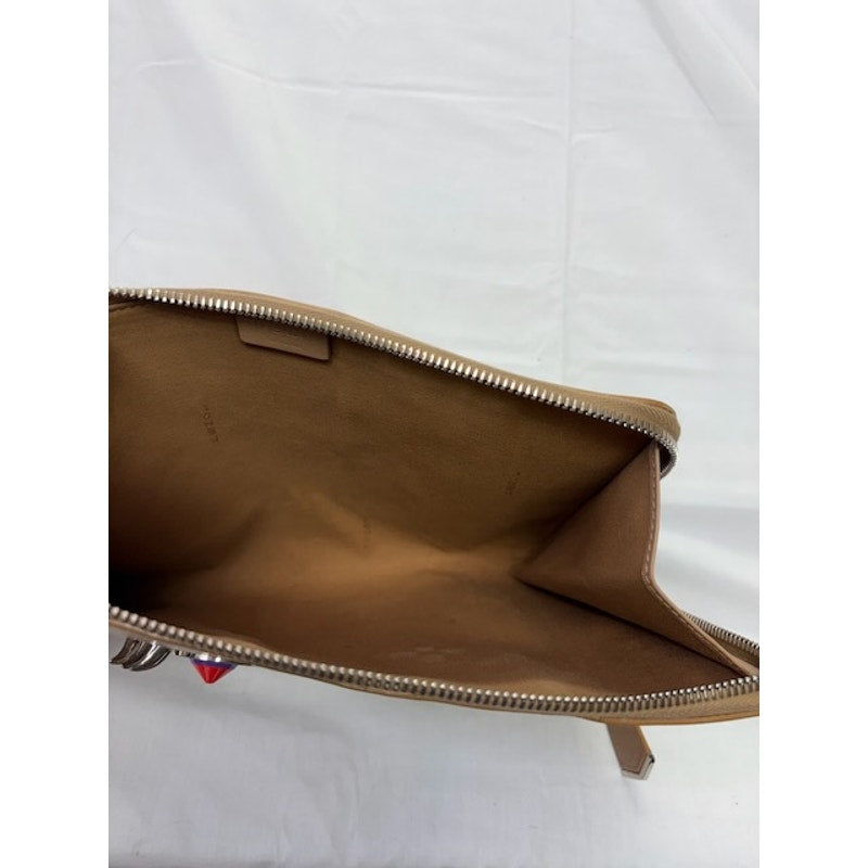 Fendi Studded Monster Eyes Zip Pouch Leather Clutch Bag Silver-Tone Beige Womens