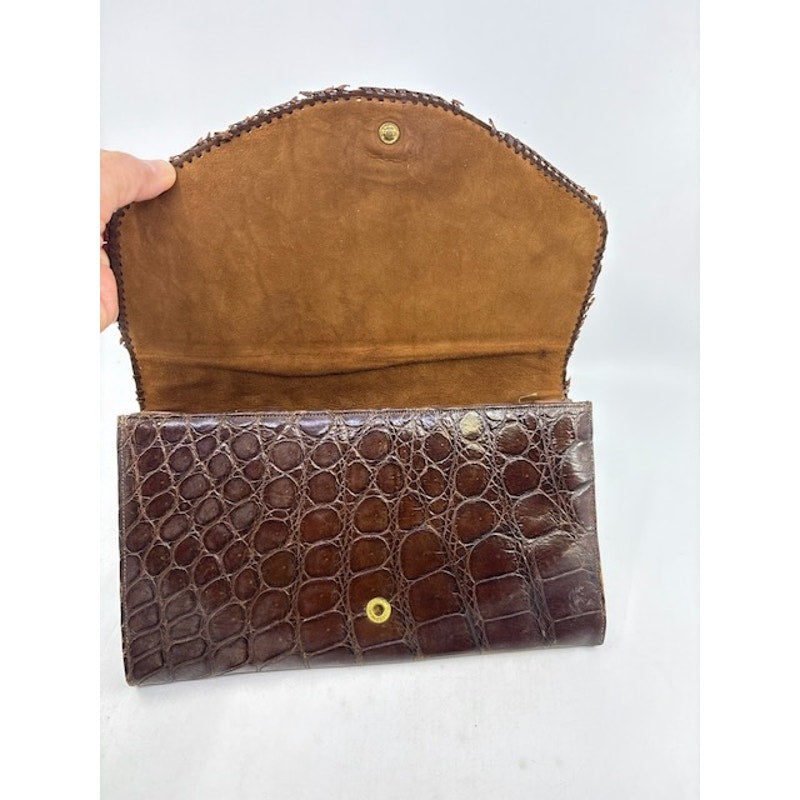 Vintage Genuine Crocodile Alligator Clutch Wallet Exotic Leather Handbag Brown