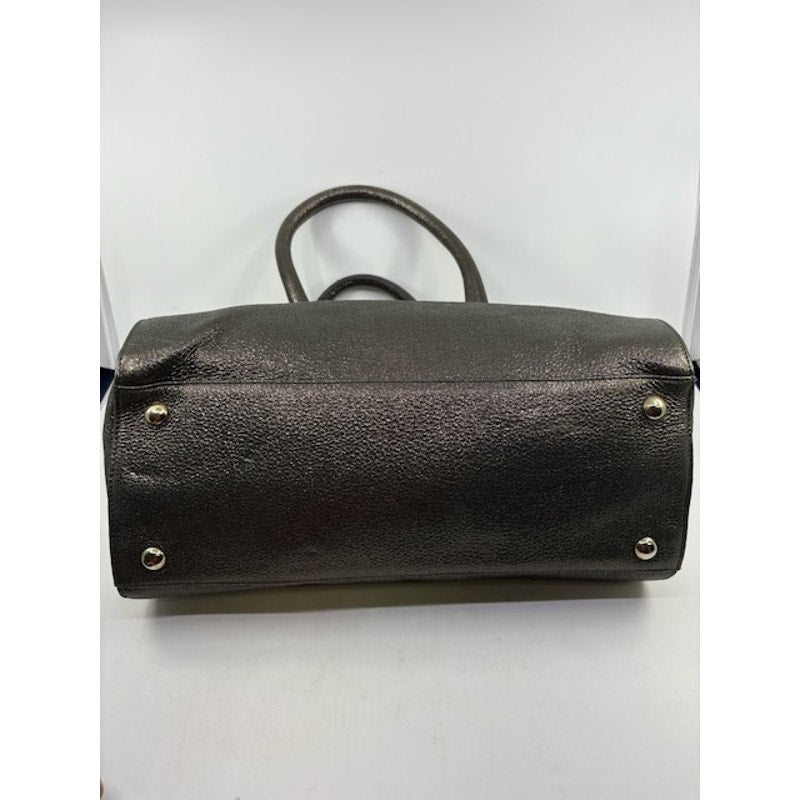 Jimmy Choo Grainy Leather Gunmetal Metallic Rosalie Satchel Bag Dark Brown
