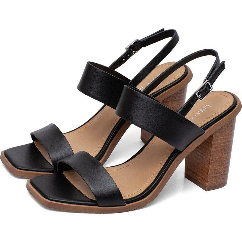 Lisa Vicky Oasis-V Slingback Sandal Leather Chucky Heels Black Womens Size 8