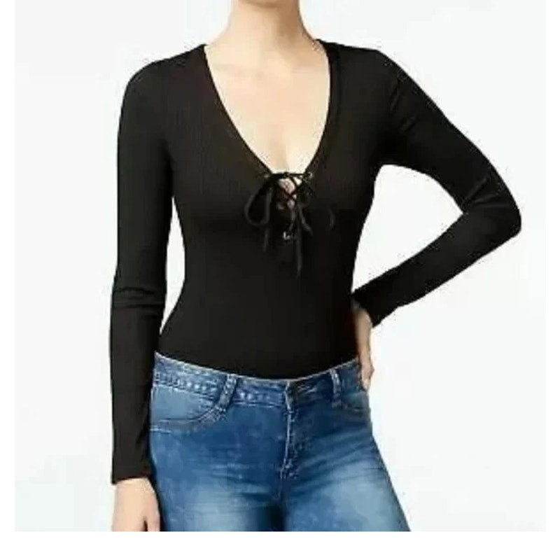 Material Girl Lace Up Rib Knit Long Sleeve Bodysuit V-Neck Black Womens M
