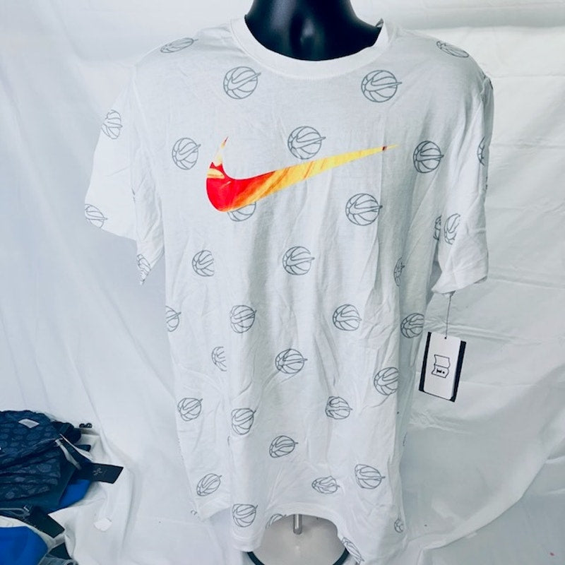 Nike BB Print Swoosh Athletic T-Shirt Dri Fit All Over Print White Mens L