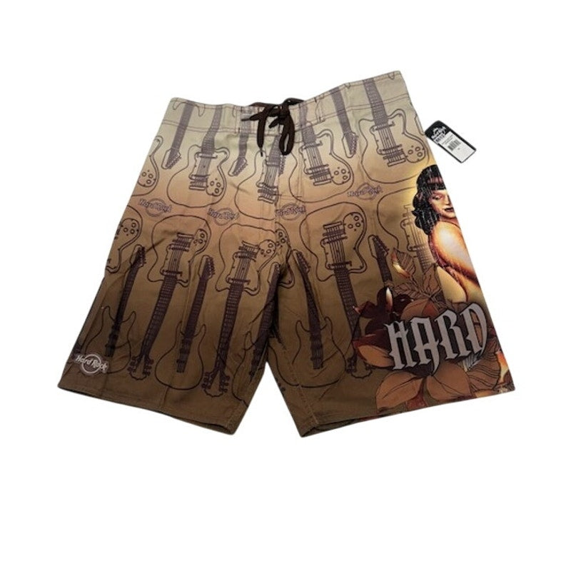 Hard Rock Cafe Vintage Surf Pinup Boardshorts Swim Beach Brown Mens Size 34