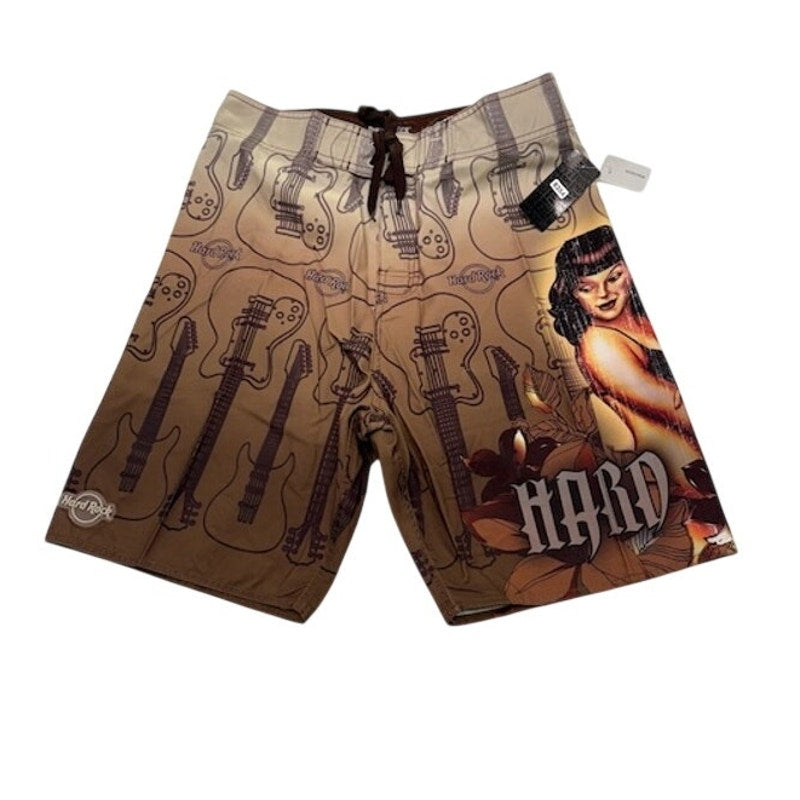 Hard Rock Vintage Surf Pinup Boardshorts Swim Trunks Brown Mens Size 32