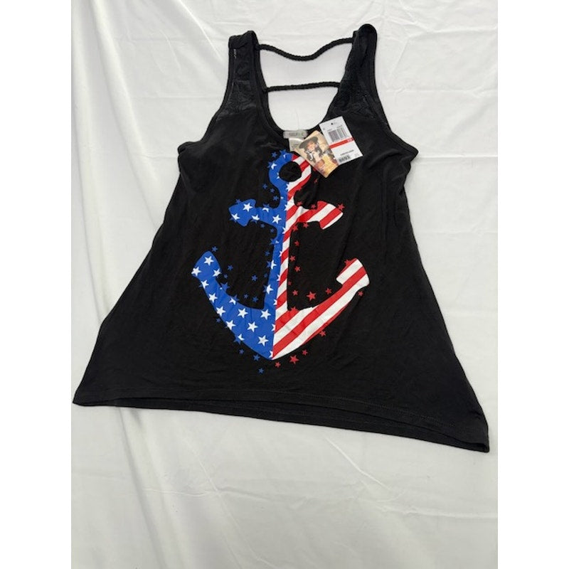 Self Esteem Patriotic American Anchor Logo Tank Top Lace Back Black Women XS