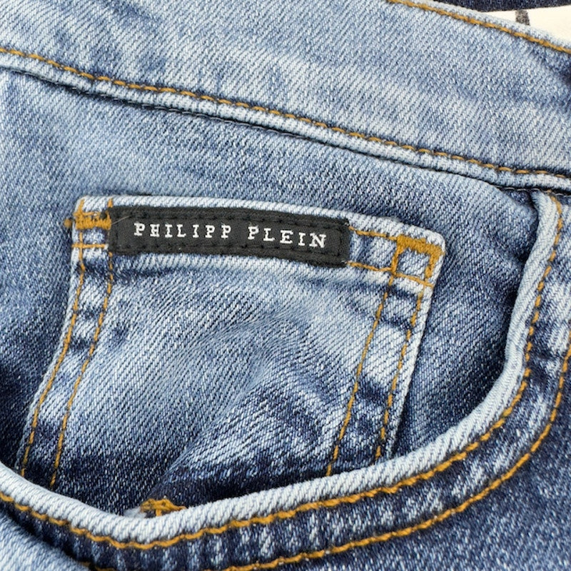 Philipp Plein Evil Smile Bermuda Shorts Denim Light Wash Blue Juniors Size 16