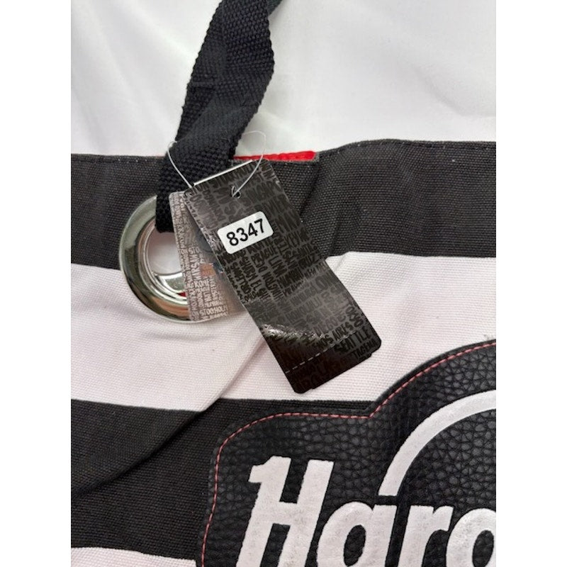 Hard Rock Canvas Tote Bag Logo Leather Zipper Shoulder Bag Striped Black White