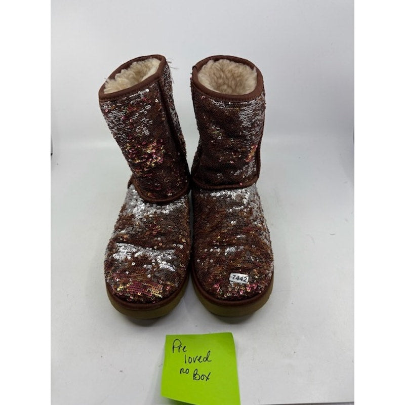 UGG Sequin Embellishments Mid-Calf Snow Boots Shearling Trim Brown Womens Size 7