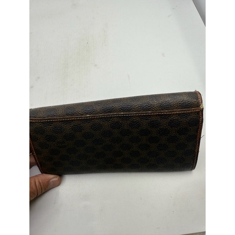 Celine Vintage Printed Long Wallet Leather Snap Closure Dark Brown Womens