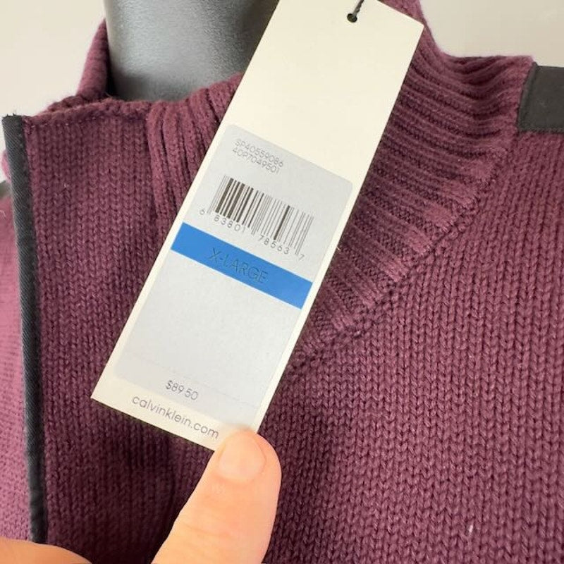 Calvin Klein Quarter-Zip Pullover Sweater Mock Neck Ribbed Burgundy Mens Size XL