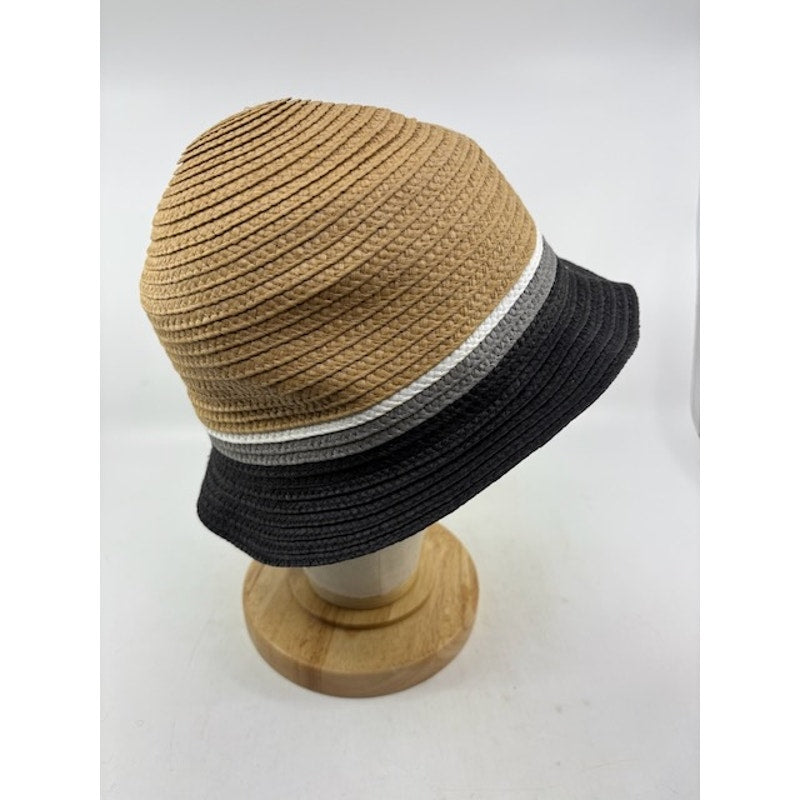 Perry Ellis Portfolio Straw Bucket Hat Summer Sun Cap Tan Black Stripe L/XL