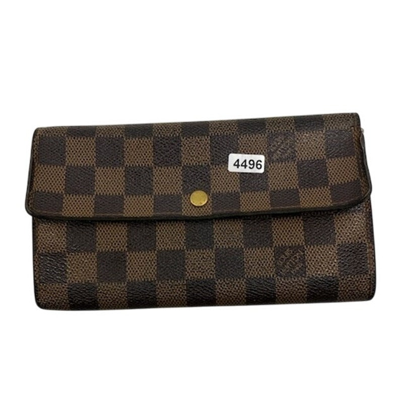 Louis Vuitton Damier Ebene Canvas Leather Bifold Long Wallet Brown Womens